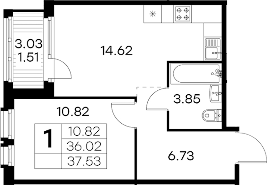 1-комнатная квартира 37.53 м², 12/15 эт., ЖК «GloraX Парголово»